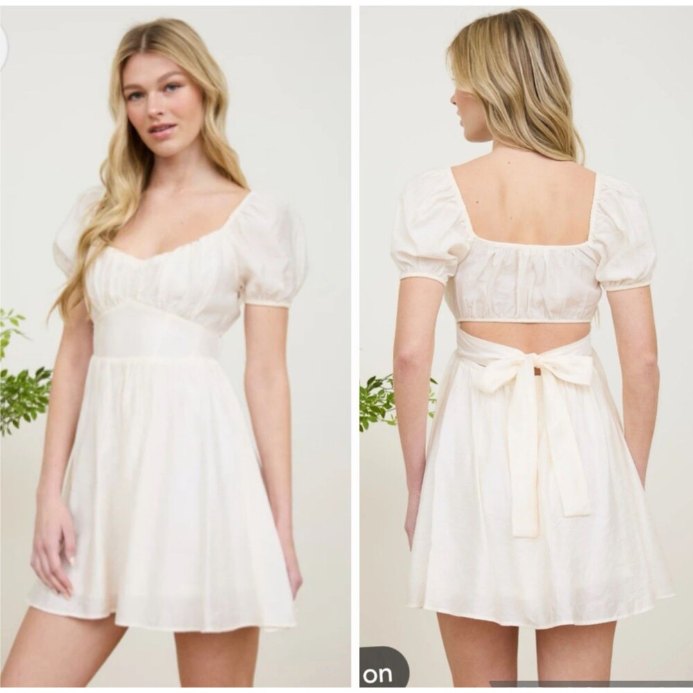Blu‎ Pepper Babydoll Mini Dress Open Back Short Sleeve Ivory Size L Cottagecore